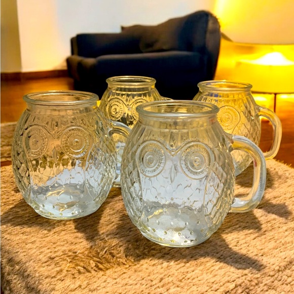 RARE VINTAGE Set of 4 Owl CLEAR Glass Mugs